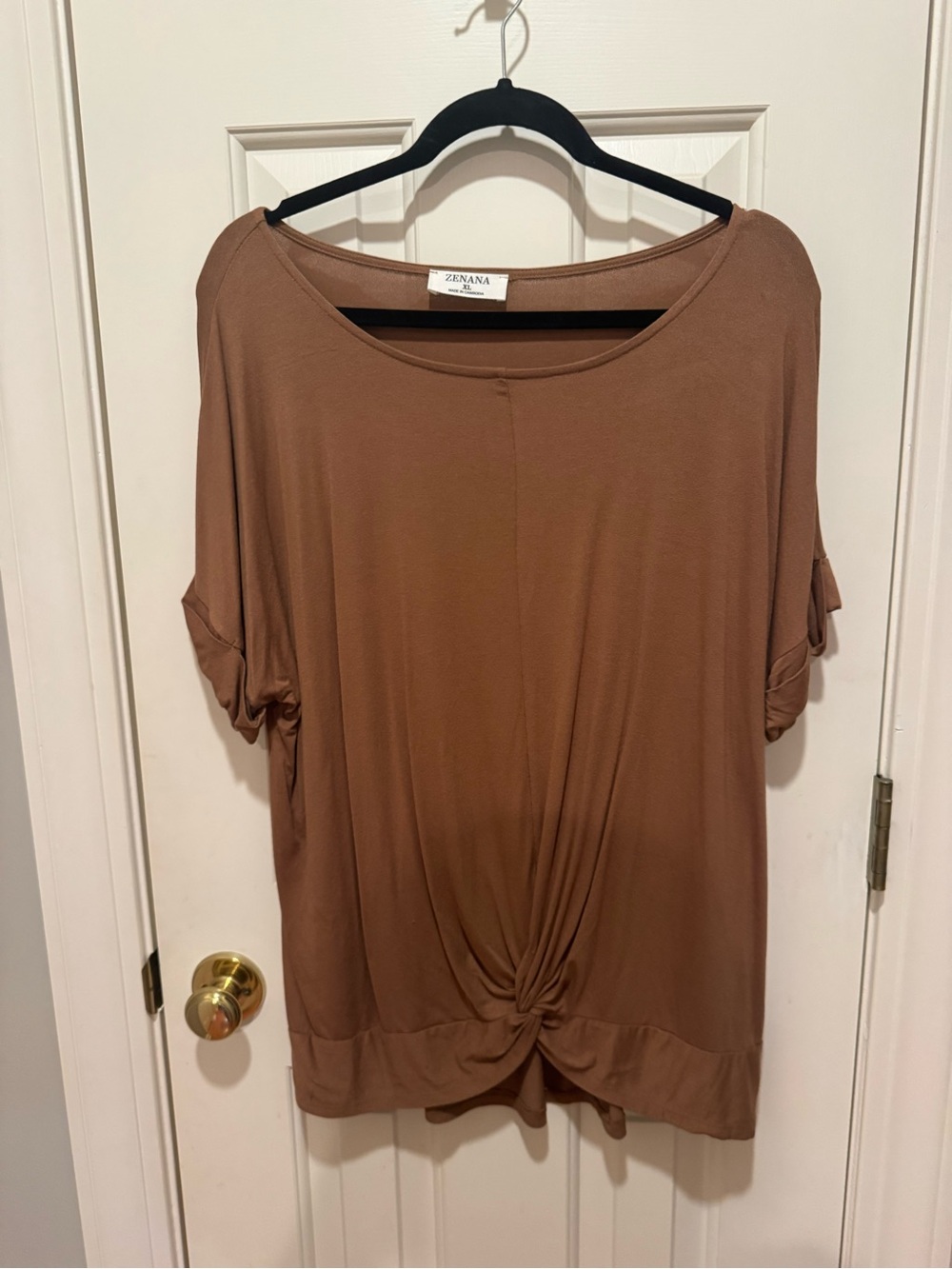 Zenana Outfitters Front-Knot Short Sleeve Tunic - Brown